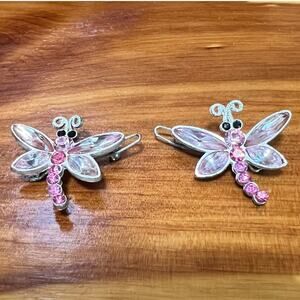 Vintage Dragonfly Barrettes Hair Clasp Pink Jeweled Y2K 90's Retro Accessory